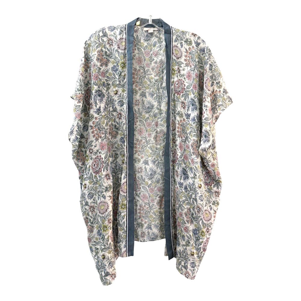 LOFT Dahlia Wrap Kimono Open Cardigan Women M/L Gray Multi Floral Cover Up Beach